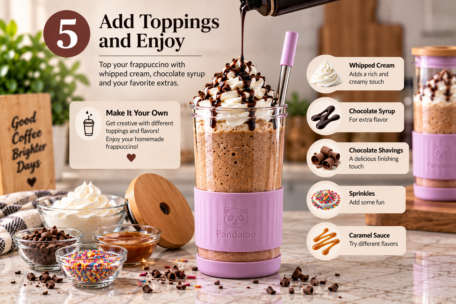 Homemade frappuccino topped with whipped cream and chocolate syrup