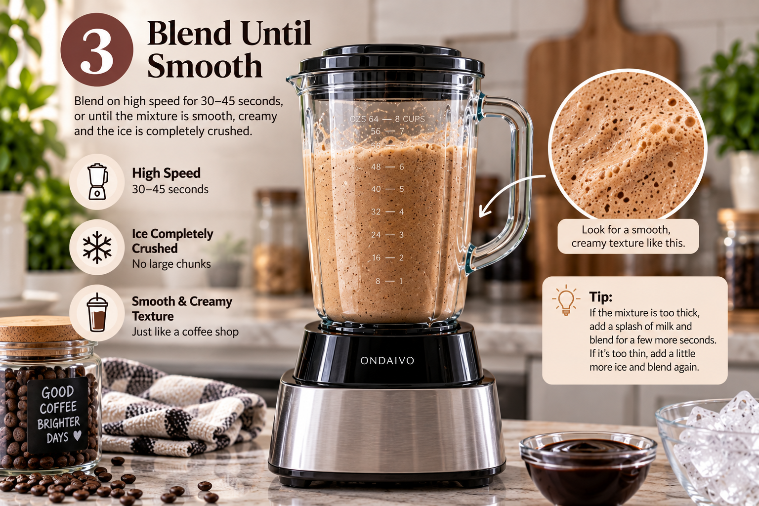 Blending homemade frappuccino until smooth and creamy