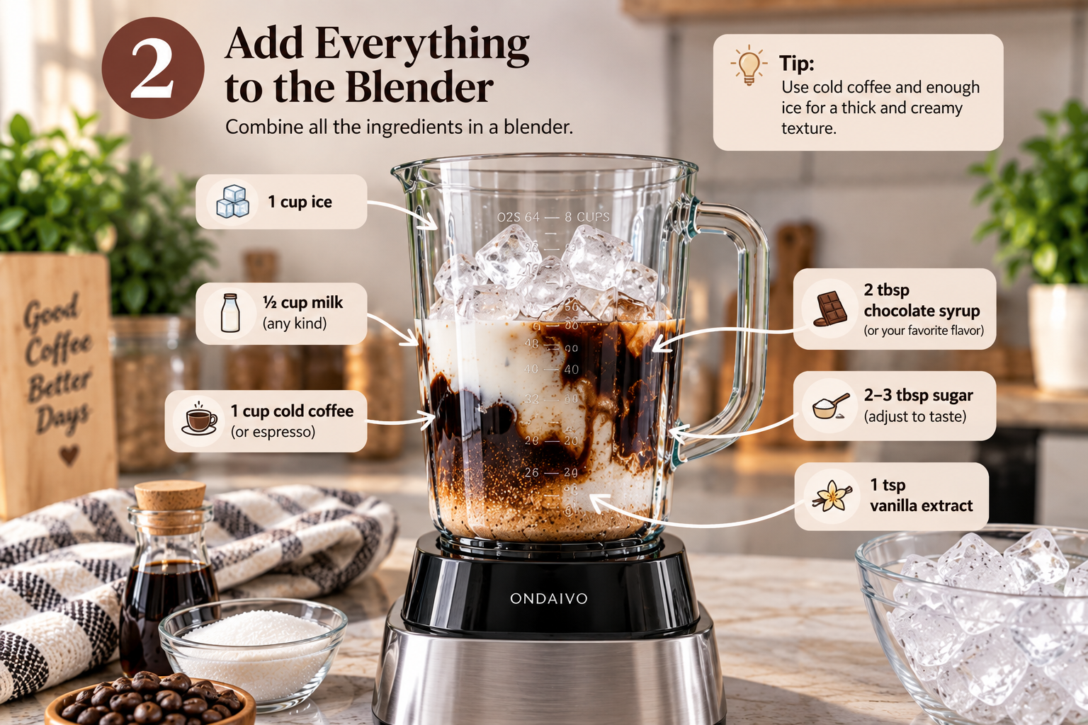 Adding coffee, milk, ice, sugar, vanilla and chocolate syrup to a blender