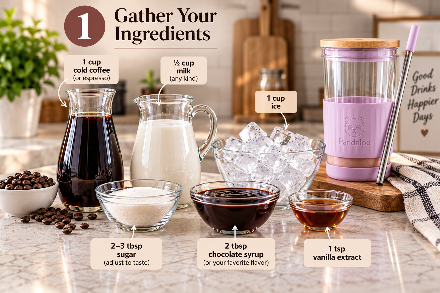 Ingredients for homemade frappuccino including coffee, milk, ice, sugar, vanilla and chocolate syrup
