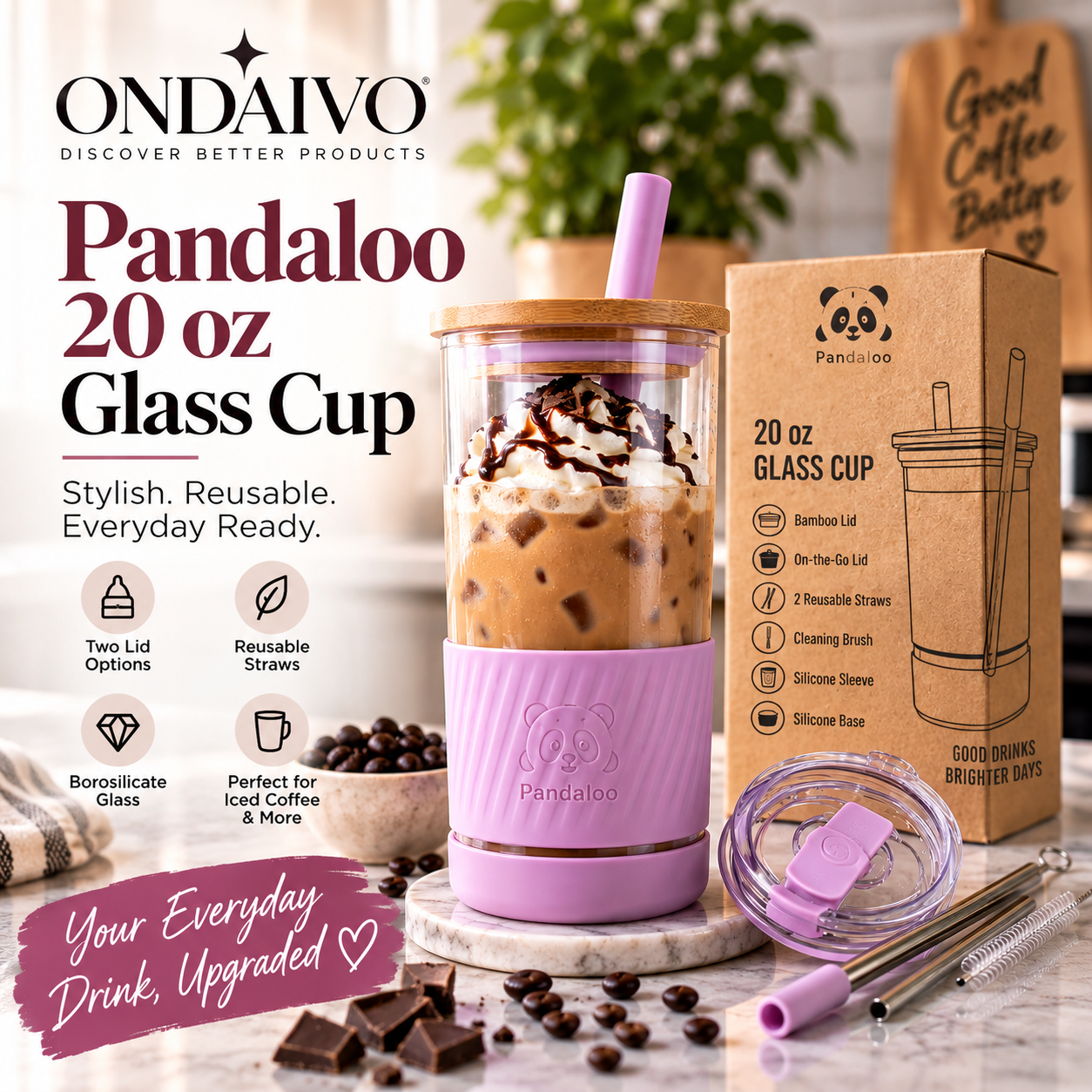 Pandaloo 20 oz glass cup with bamboo lid and straw