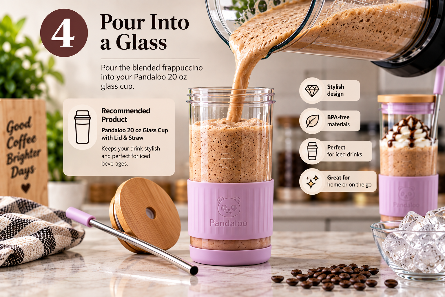 Homemade frappuccino poured into a Pandaloo 20 oz glass cup