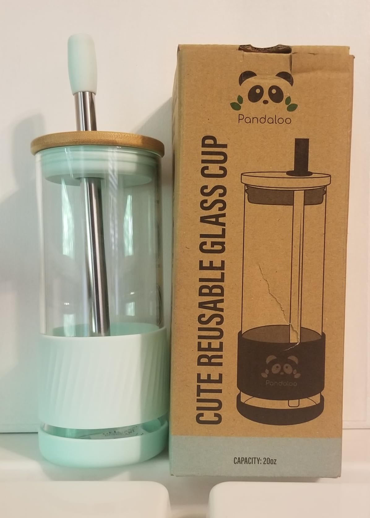 Pandaloo 20 oz glass cup with lid and reusable straw