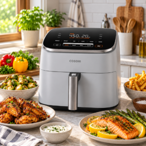 Light gray COSORI TurboBlaze 6-quart air fryer on a kitchen counter