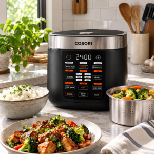 COSORI 10-cup rice cooker with ceramic-coated inner pot and digital control panel