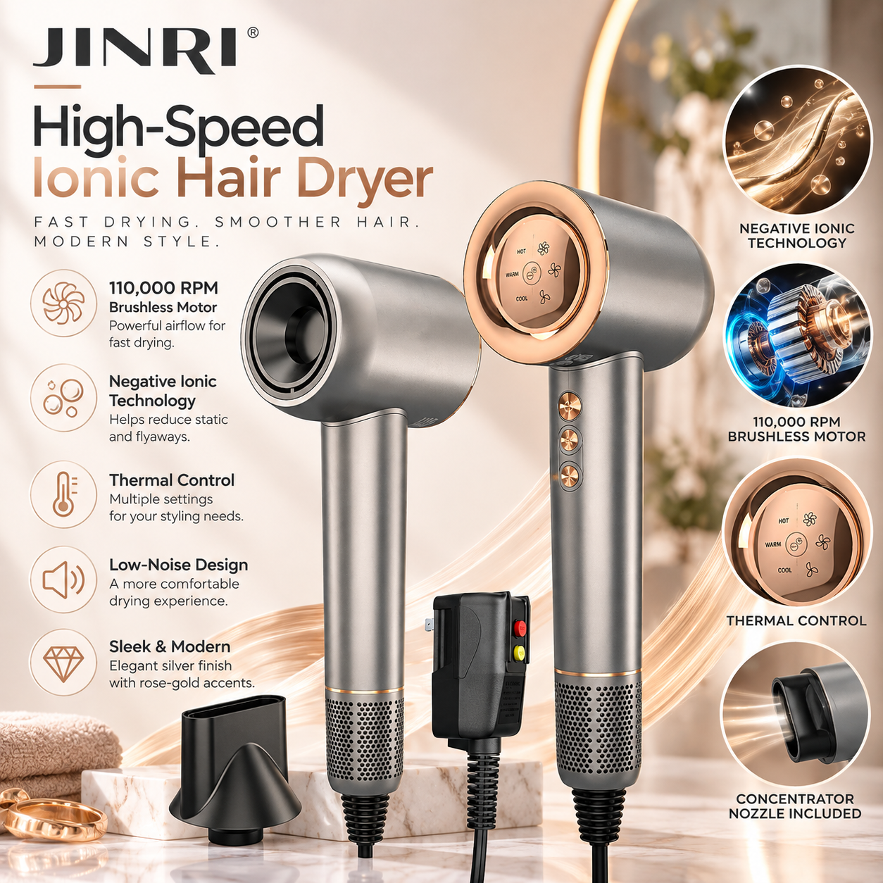 JINRI high-speed ionic hair dryer in silver and rose gold with concentrator nozzle