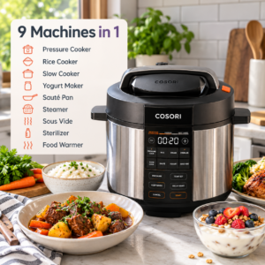 COSORI 6-quart 9-in-1 electric pressure cooker in a modern kitchen