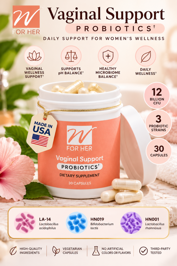 WforHer women's probiotic supplement with three featured probiotic strains.