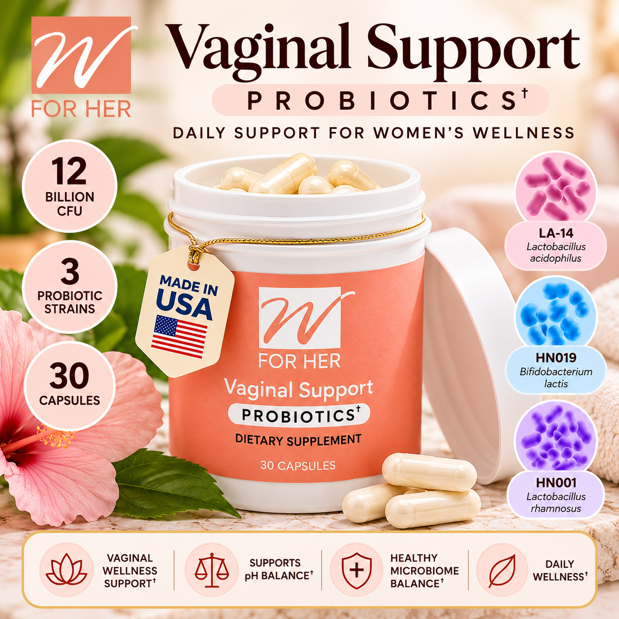 WforHer women's probiotic supplement bottle
